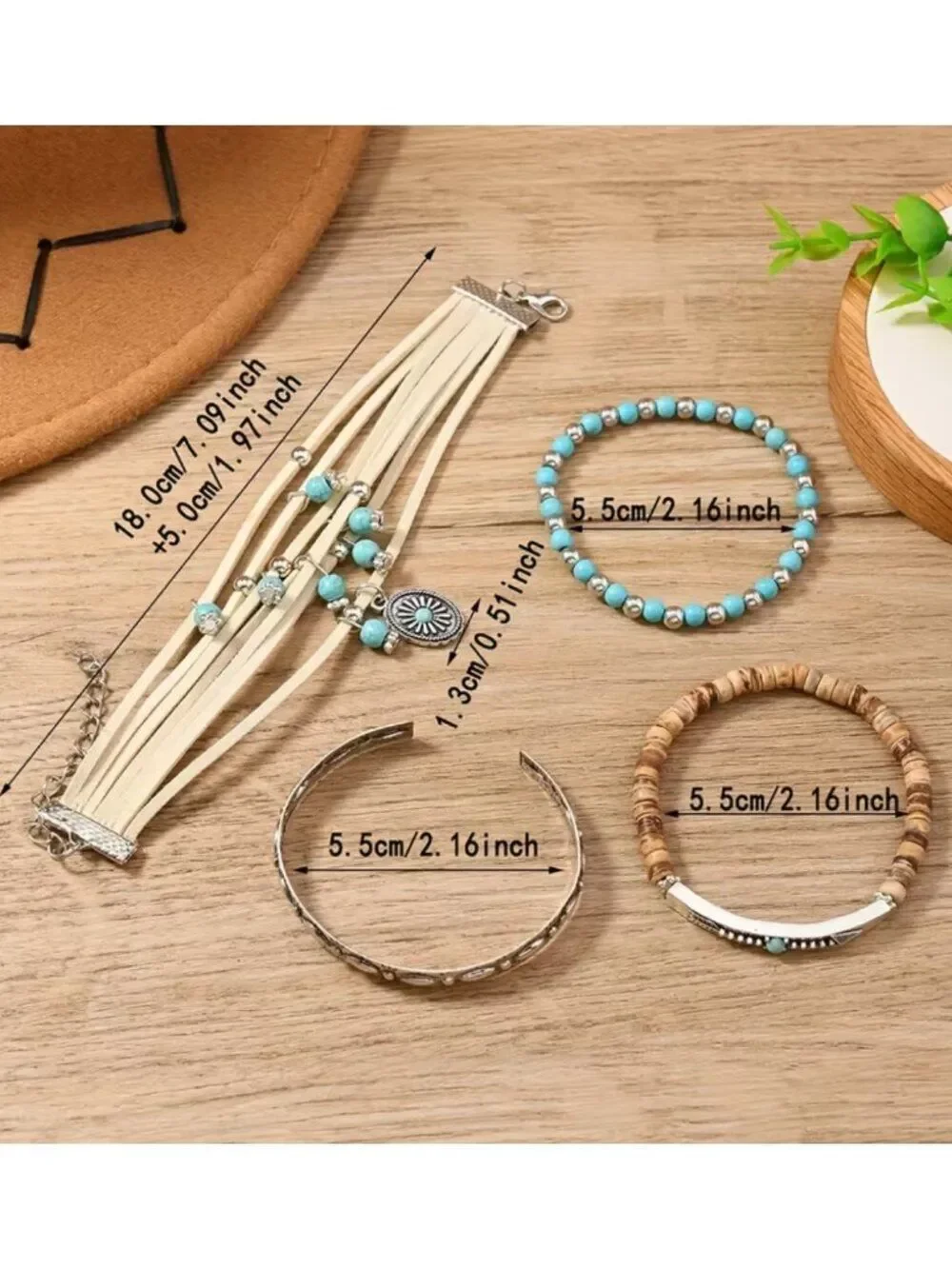 NWT Western Boho Faux Turquoise Stacked Bracelet Set PU Leather Charm Cuff